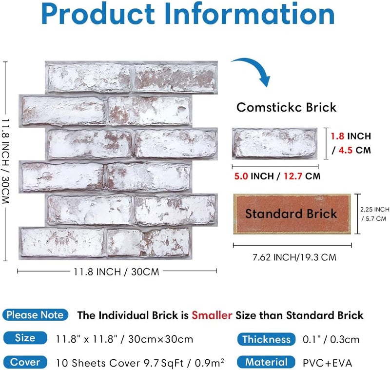 COMSTICKC 3D Faux Brick Wall Panel, Peel and Stick Brick Tiles, 10 Pcs of 12"X12", Small Size Thin PVC Brick Adhesive Fake Brick Paneling Brick Backsplash Background, Retro White - Image 4